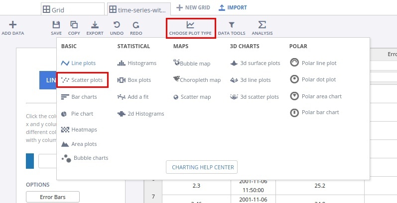 Select scatter plot from menu